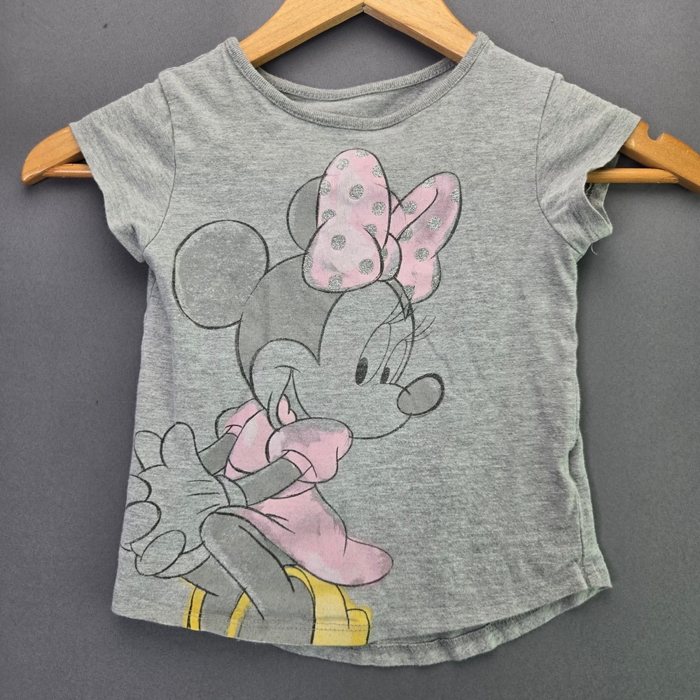 Disney Minnie Mouse Graphic T-Shirt Size 4 Gray Pink Glitter Polka Dot Short Slv